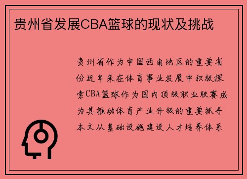 贵州省发展CBA篮球的现状及挑战